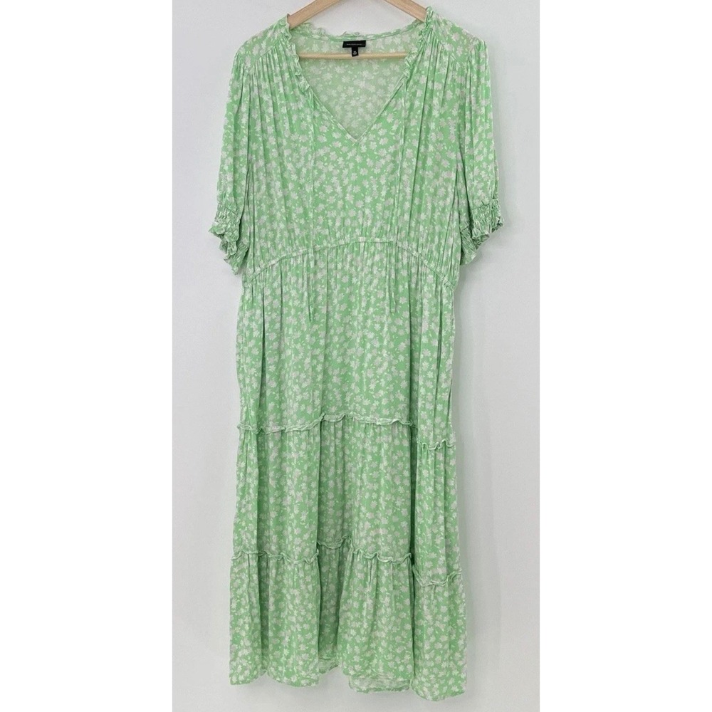 Who What Wear Neon Green Pink Floral‎ Tiered Dress V Neck XL Praire Cottage Boho